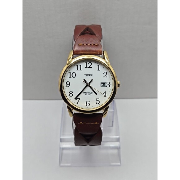 Timex Easy Reader Date Indiglo Gold Tone 35mm Quartz Watch New Battery WR 30M - Picture 1 of 13